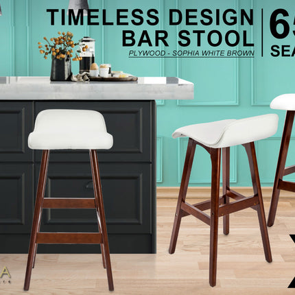 La Bella 2 Set 65cm White Brown Wooden Bar Stool Sophia Leather