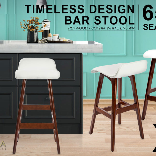La Bella 2 Set 65cm White Brown Wooden Bar Stool Sophia Leather