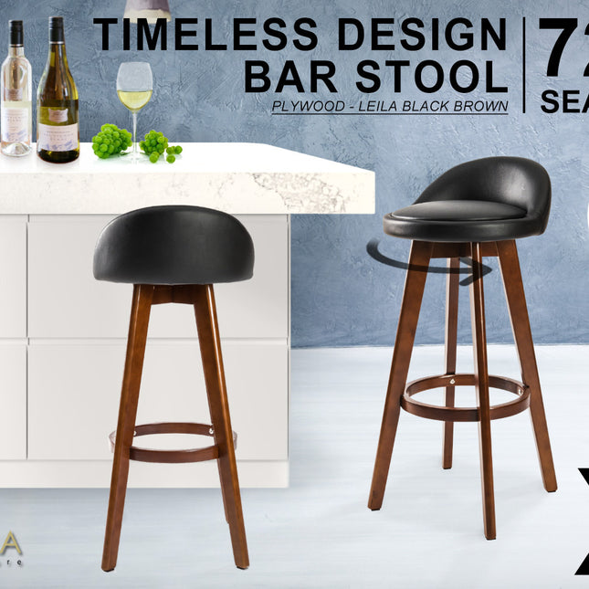 La Bella 4 Set 72cm Black Brown Wooden Bar Stool Leila Leather