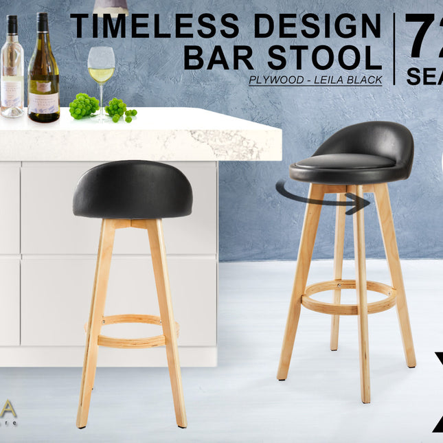 La Bella 4 Set 72cm Black Wooden Bar Stool Leila Leather