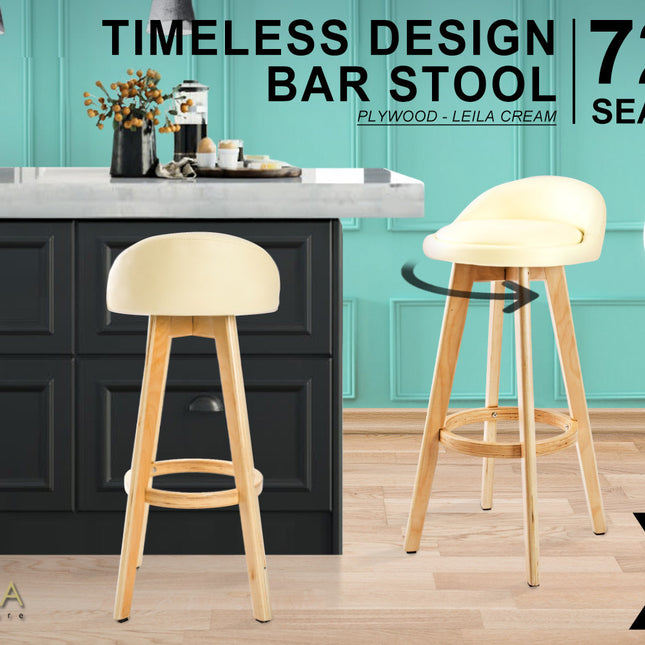 La Bella 4 Set 72cm Cream Wooden Bar Stool Leila Leather