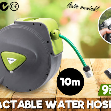Dynamic Power Garden Water Hose 10M Retractable Rewind Reel Wall Mounted