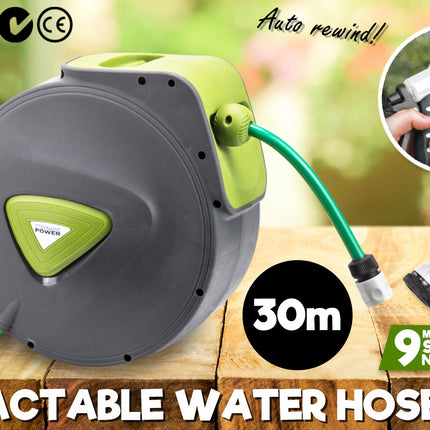 Dynamic Power Garden Water Hose 30M Retractable Rewind Reel Wall Mounted