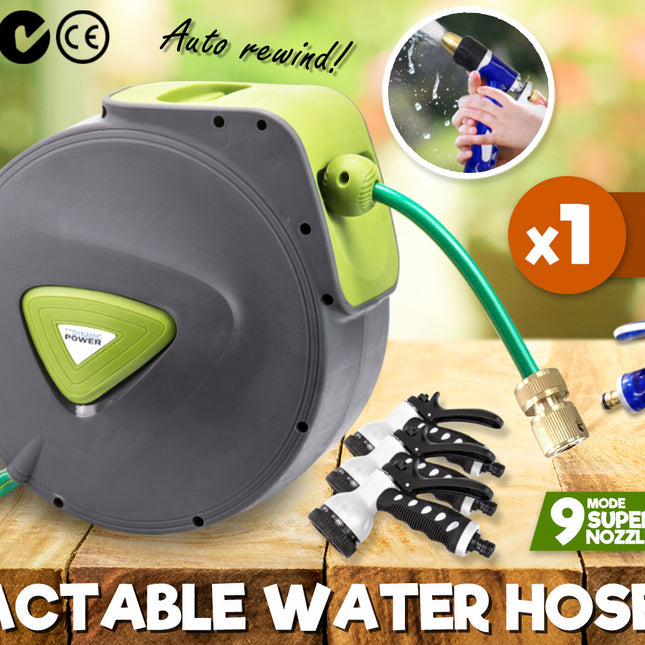 Dynamic Power Garden Water Hose 20M Retractable Rewind Reel + Brass Gun