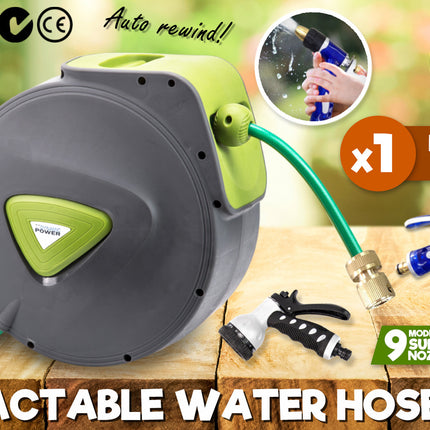 Dynamic Power Garden Water Hose 30M Retractable Rewind Reel + Brass Gun
