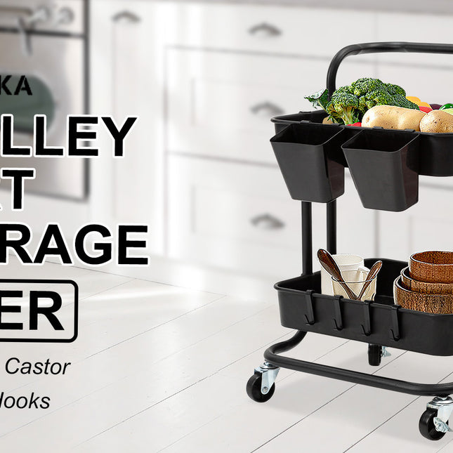 Kandoka 2 Tier Black Trolley Cart Storage Utility Rack Organiser Swivel Kitchen