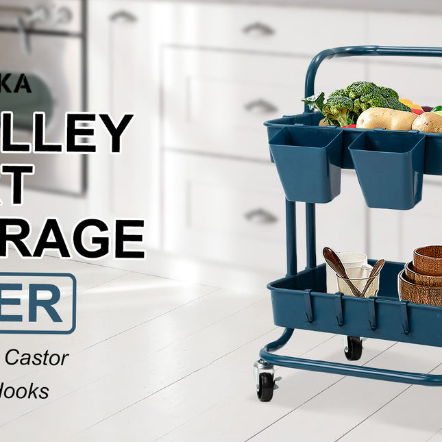 Kandoka 2 Tier Blue Trolley Cart Storage Utility Rack Organiser Swivel Kitchen
