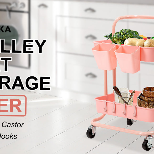 Kandoka 2 Tier Pink Trolley Cart Storage Utility Rack Organiser Swivel Kitchen