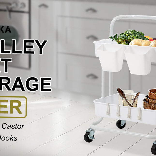 Kandoka 2 Tier White Trolley Cart Storage Utility Rack Organiser Swivel Kitchen