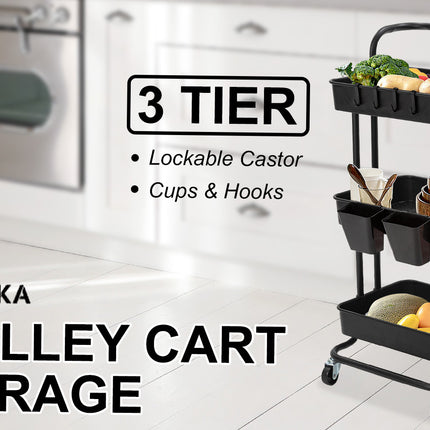 Kandoka 3 Tier Black Trolley Cart Storage Utility Rack Organiser Swivel Kitchen
