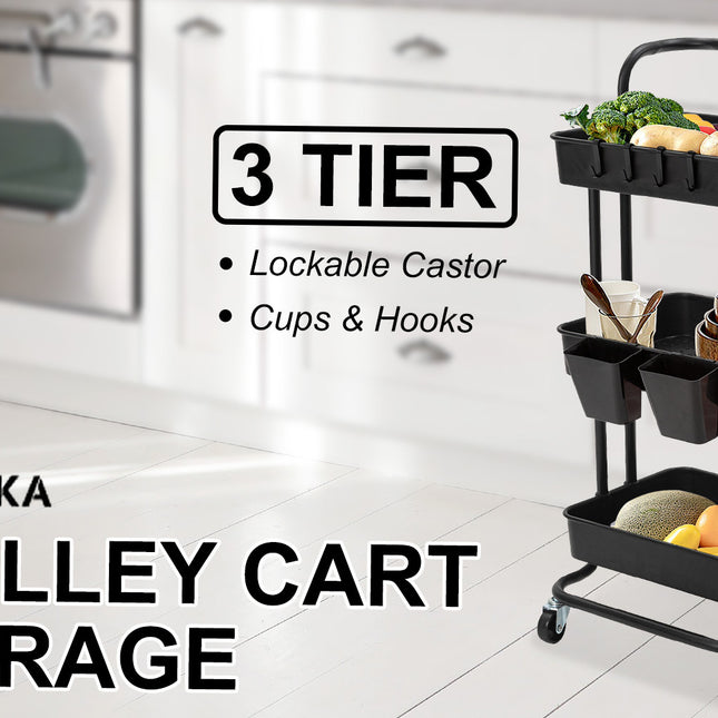 Kandoka 3 Tier Black Trolley Cart Storage Utility Rack Organiser Swivel Kitchen