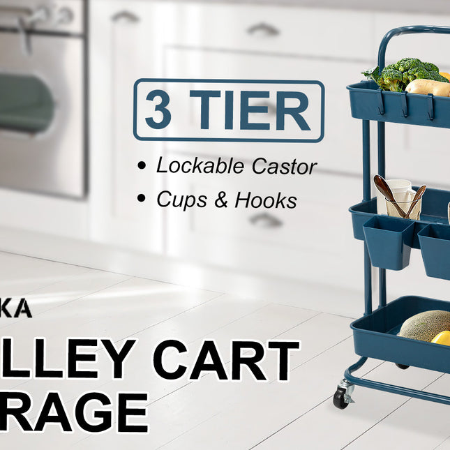 Kandoka 3 Tier Blue Trolley Cart Storage Utility Rack Organiser Swivel Kitchen
