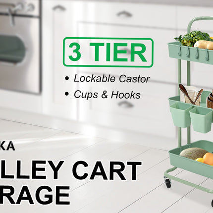 Kandoka 3 Tier Green Trolley Cart Storage Utility Rack Organiser Swivel Kitchen