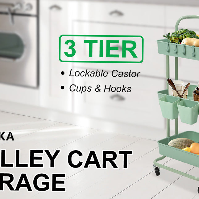 Kandoka 3 Tier Green Trolley Cart Storage Utility Rack Organiser Swivel Kitchen