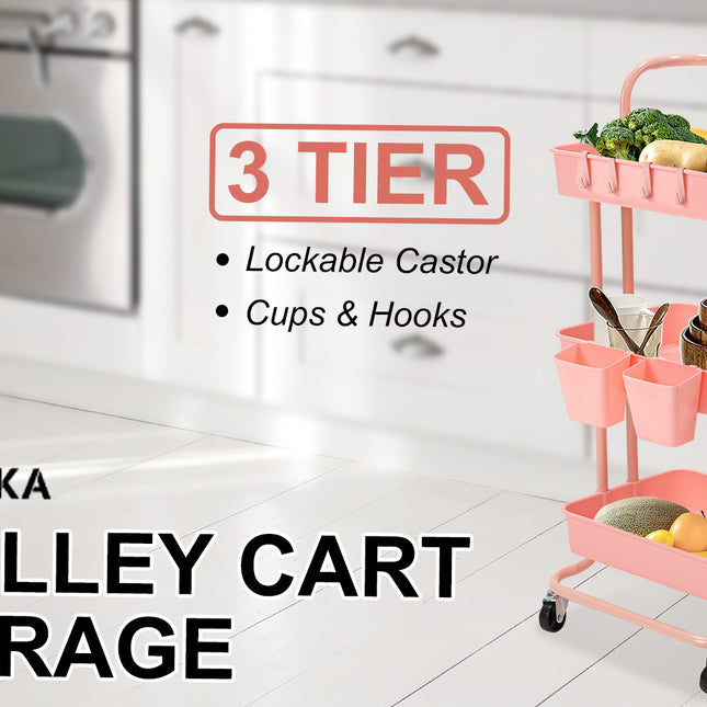 Kandoka 3 Tier Pink Trolley Cart Storage Utility Rack Organiser Swivel Kitchen