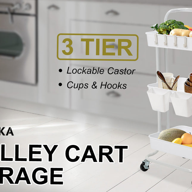 Kandoka 3 Tier White Trolley Cart Storage Utility Rack Organiser Swivel Kitchen