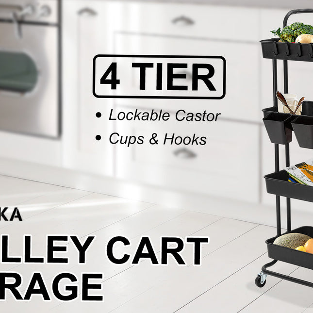 Kandoka 4 Tier Black Trolley Cart Storage Utility Rack Organiser Swivel Kitchen