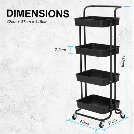 Kandoka 4 Tier Black Trolley Cart Storage Utility Rack Organiser Swivel Kitchen