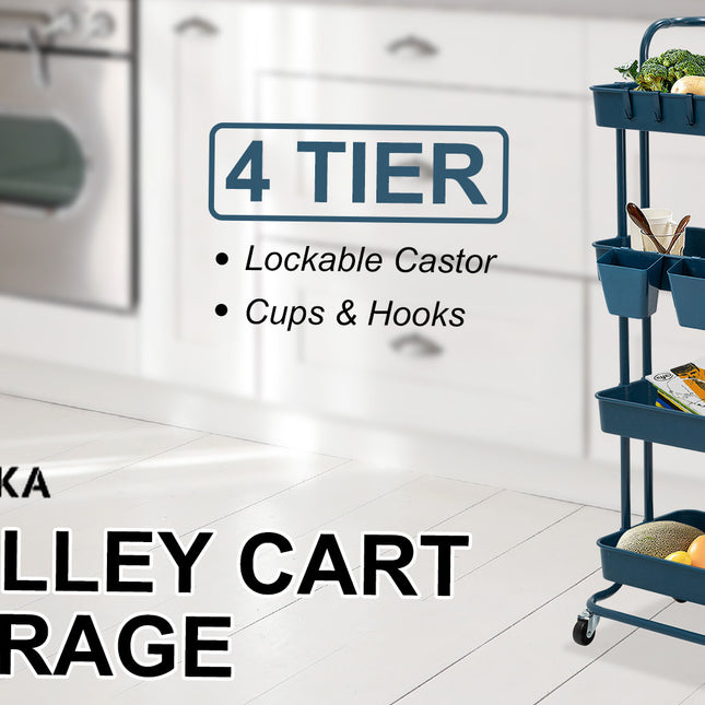 Kandoka 4 Tier Blue Trolley Cart Storage Utility Rack Organiser Swivel Kitchen