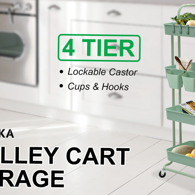 Kandoka 4 Tier Green Trolley Cart Storage Utility Rack Organiser Swivel Kitchen