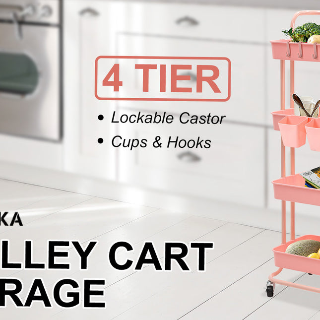 Kandoka 4 Tier Pink Trolley Cart Storage Utility Rack Organiser Swivel Kitchen
