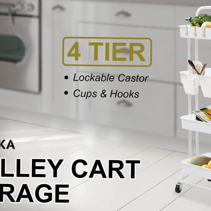 Kandoka 4 Tier White Trolley Cart Storage Utility Rack Organiser Swivel Kitchen