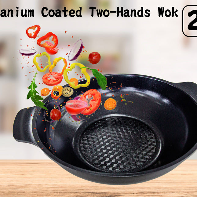 KOMAN 28cm Black Shinewon Two Hands Wok Ceramic Non-stick Titanium Coat