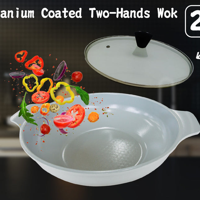 KOMAN 28cm Grey Shinewon Vinch IH Two Hands Wok Non-stick Induction Titanium Ceramic + Glass Lid