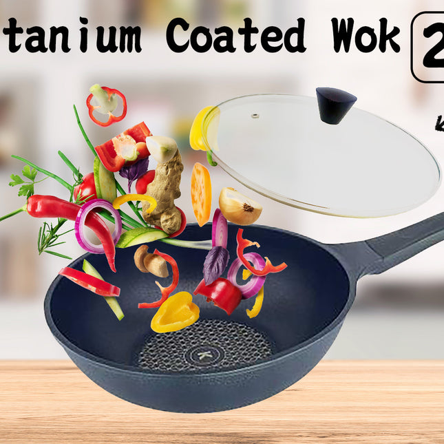 KOMAN 26cm Titanium Coating Wok Pan Non-Stick + Glass Lid