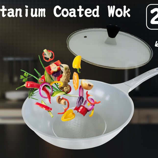 KOMAN 28cm Grey Shinewon Vinch IH Wok Wokpan Non-stick Induction Ceramic + Glass Lid