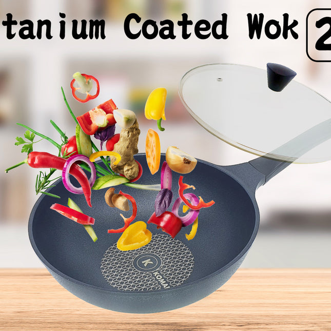 KOMAN Non-Stick Titanium Coating Wok Pan 28cm + Glass Lid