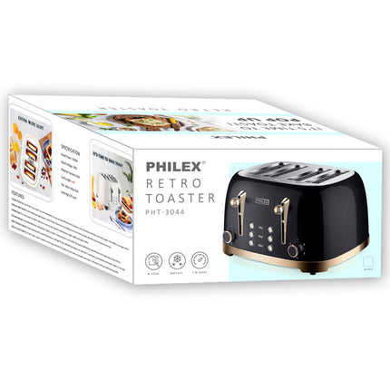 PHILEX 4-Slice Black Toaster Bread Reheat Retro