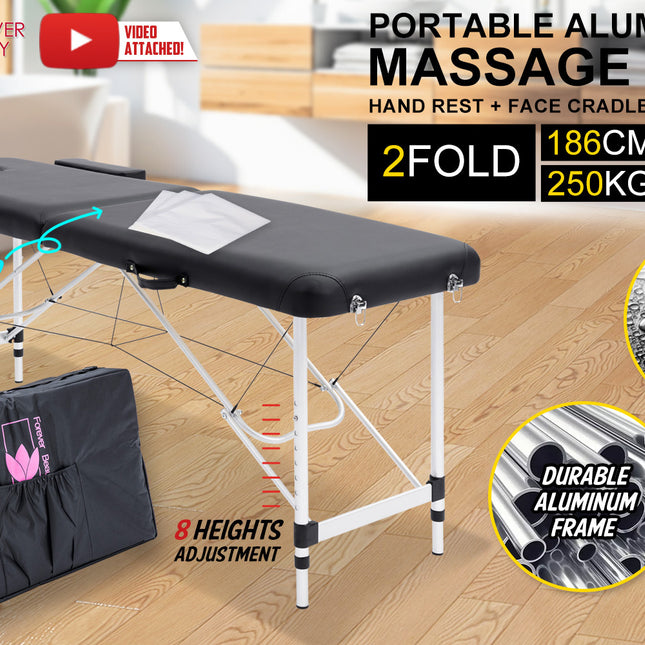 Forever Beauty Black Portable Beauty Massage Table Bed Therapy Waxing 2 Fold 55cm Aluminium