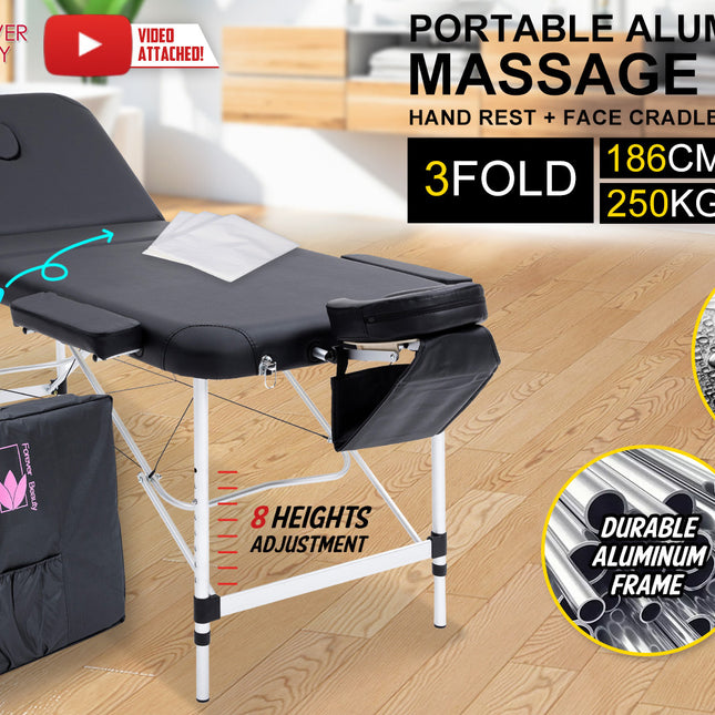 Forever Beauty Black Portable Beauty Massage Table Bed Therapy Waxing 3 Fold 70cm Aluminium