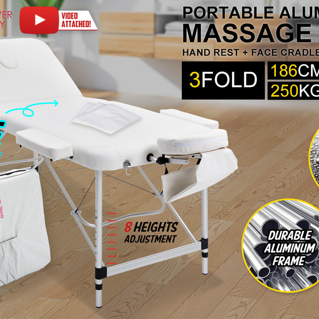 Forever Beauty White Portable Beauty Massage Table Bed Therapy Waxing 3 Fold 70cm Aluminium