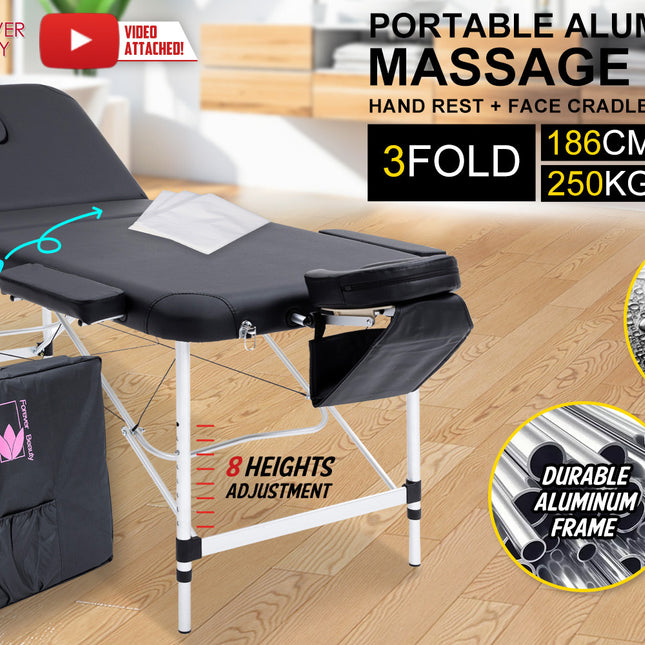 Forever Beauty Black Portable Beauty Massage Table Bed Therapy Waxing 3 Fold 75cm Aluminium