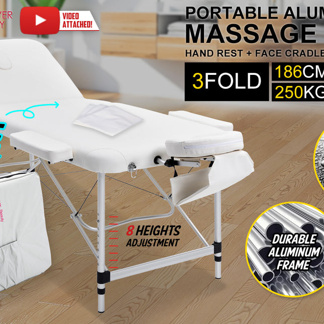 Forever Beauty White Portable Beauty Massage Table Bed Therapy Waxing 3 Fold 75cm Aluminium