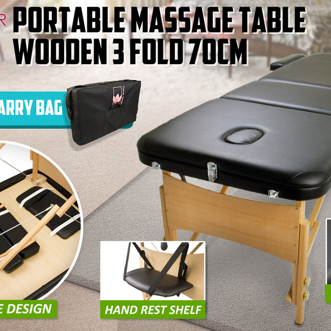 Forever Beauty Black Portable Massage Table Bed Therapy Waxing 3 Fold 70cm Wooden