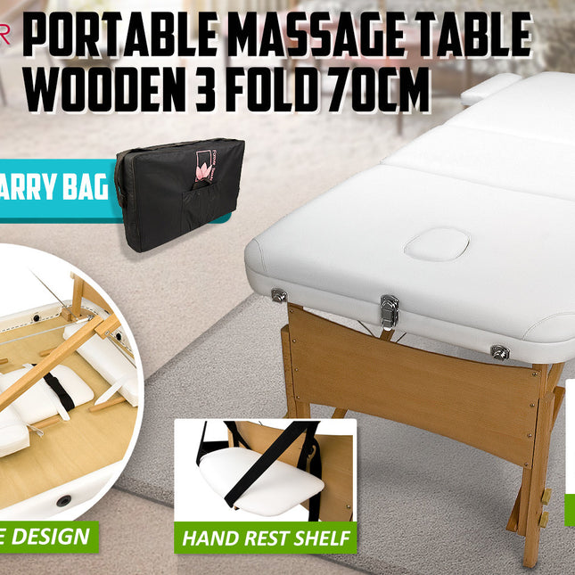 Forever Beauty White Portable Beauty Massage Table Bed 3 Fold 70cm Wooden