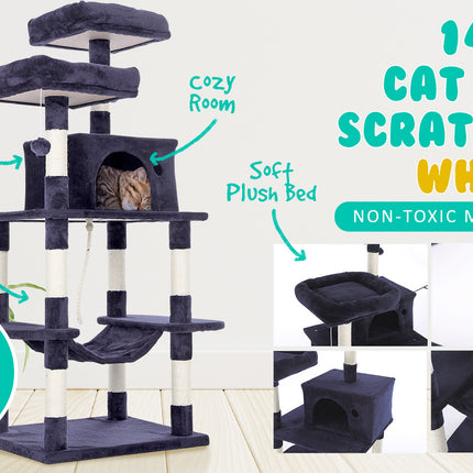Paw Mate 145cm Grey Cat Tree WHISKY Sisal Scratching Post Scratcher Pole Condo House Tower