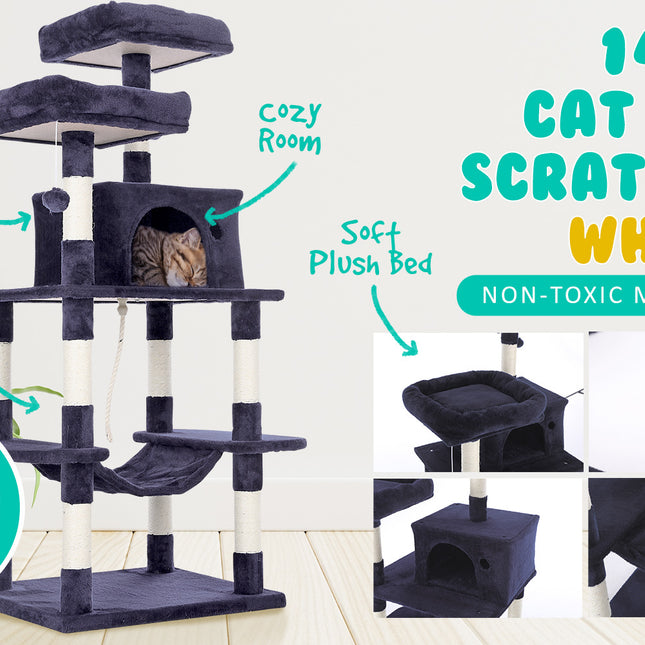 Paw Mate 145cm Grey Cat Tree WHISKY Sisal Scratching Post Scratcher Pole Condo House Tower