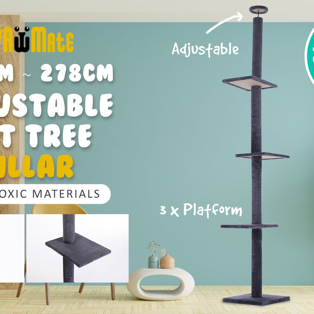 Paw Mate 278cm Grey Cat Tree PILLAR Scratcher Adjustable Floor to Ceiling Condo Tower