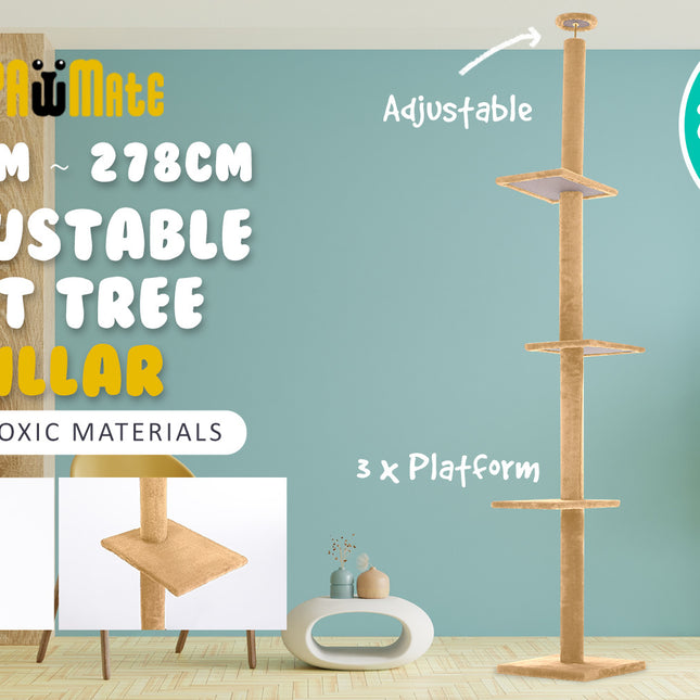 Paw Mate 278cm Brown Cat Tree PILLAR Scratcher Adjustable Floor to Ceiling Condo Tower