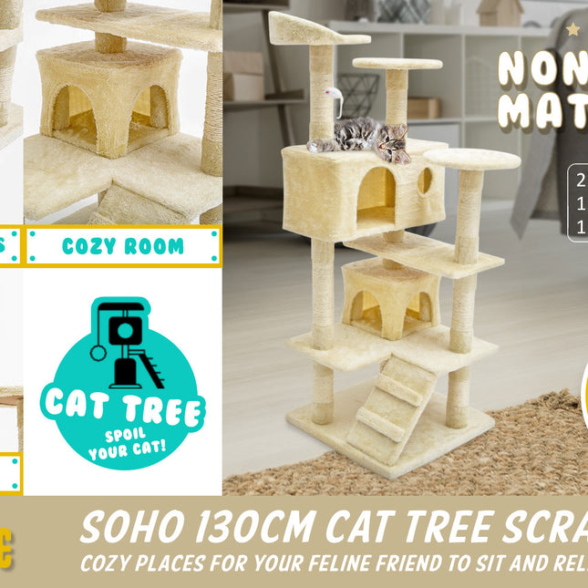 Paw Mate 130cm Beige Cat Tree Soho Multi Level Scratcher