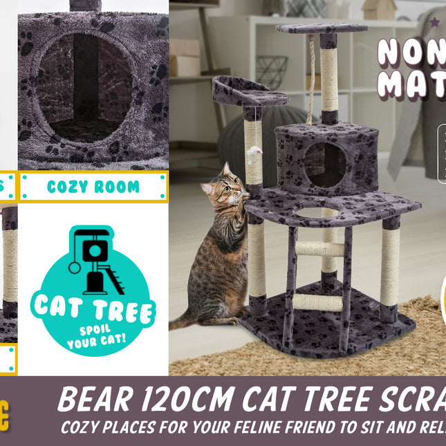 Paw Mate 120cm Grey Cat Tree Bear Multi Level Scratcher