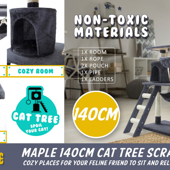 Paw Mate 140cm Grey Cat Tree Maple Multi Level Scratcher