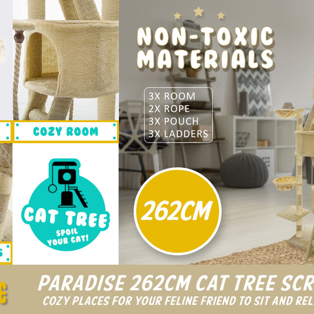 Paw Mate 262cm Beige Cat Tree Paradise Multi Level Scratcher