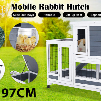 Paw Mate 96.5 x 56 x 90.5cm Rabbit Hutch Chicken Coop 2 Storey Pet Cage Run Wheels