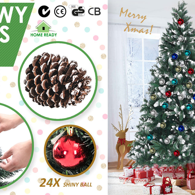 Home Ready 7Ft 210cm 1290 tips Green Snowy Christmas Tree Xmas Pine Cones  + Bauble Balls