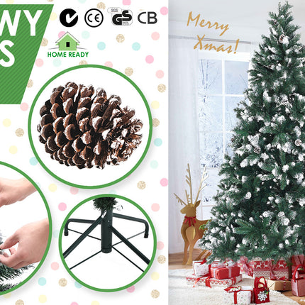 Home Ready 7Ft 210cm 1290 tips Green Snowy Christmas Tree Xmas Pine Cones